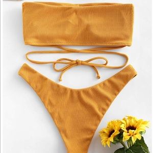 ZAFUL Ribbed Lace Up High Cut Bandeau Bikini